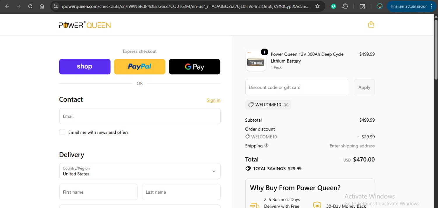 Power Queen discount code screenshot showing code welcome10 applied at Power Queen checkout page. Uploaded by SimplyCodes community member MariaCorinaMachado on Dec 15, 2025
