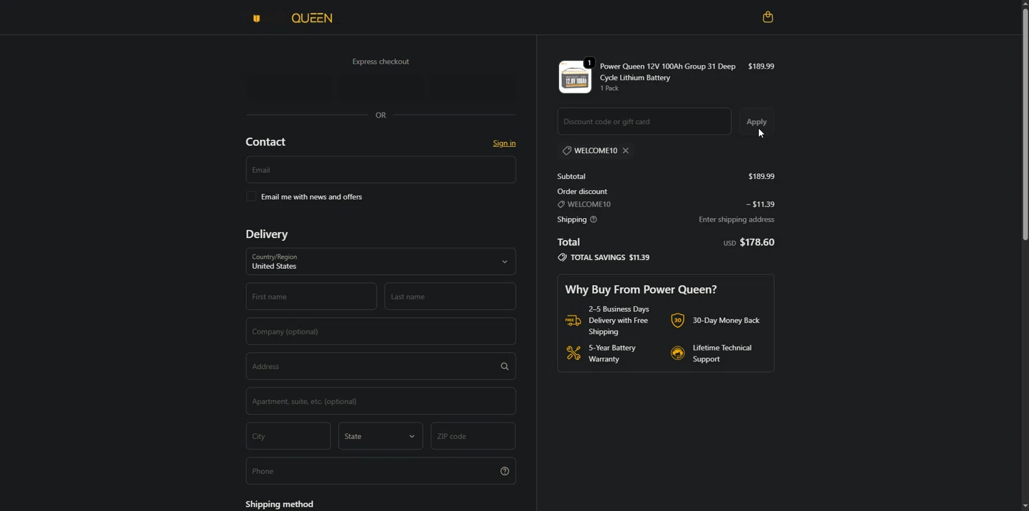 Power Queen discount code screenshot showing code welcome10 applied at Power Queen checkout page. Uploaded by SimplyCodes community member Nor_man on Dec 9, 2025