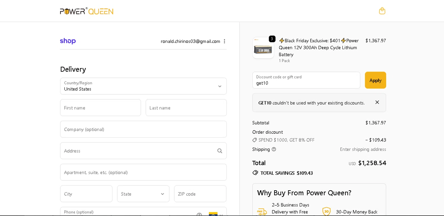 Power Queen discount code screenshot showing code get10 applied at Power Queen checkout page. Uploaded by SimplyCodes community member davisams on Nov 28, 2025