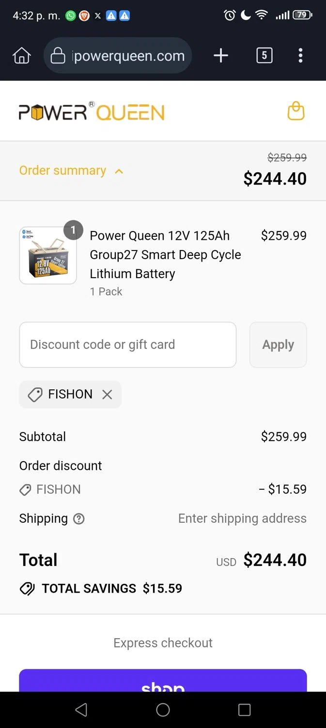 Power Queen discount code screenshot showing code FishOn applied at Power Queen checkout page. Uploaded by SimplyCodes community member George09 on Sep 16, 2025