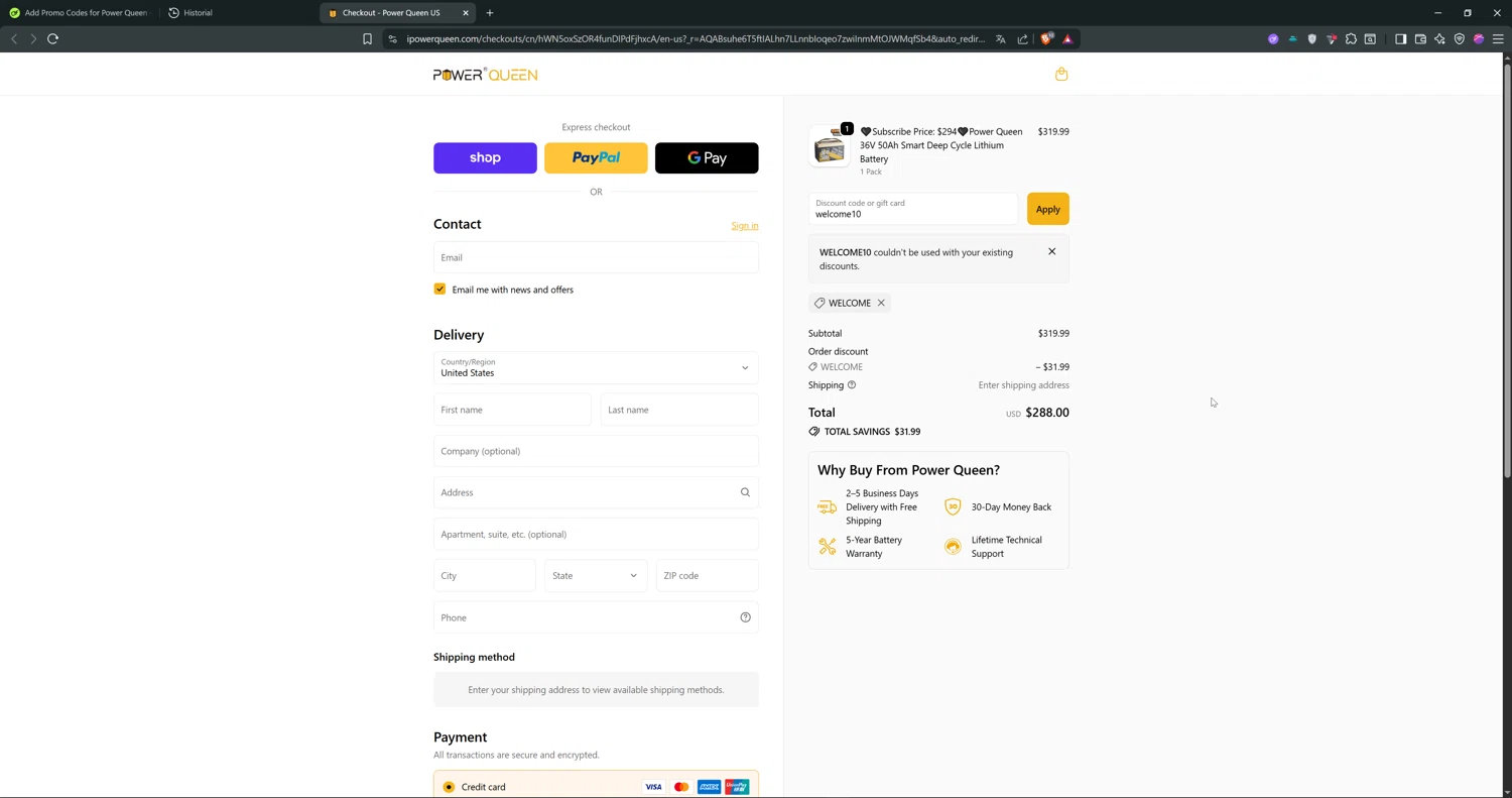 Power Queen discount code screenshot showing code welcome10 applied at Power Queen checkout page. Uploaded by SimplyCodes community member ValiantTiger4704 on Nov 28, 2025