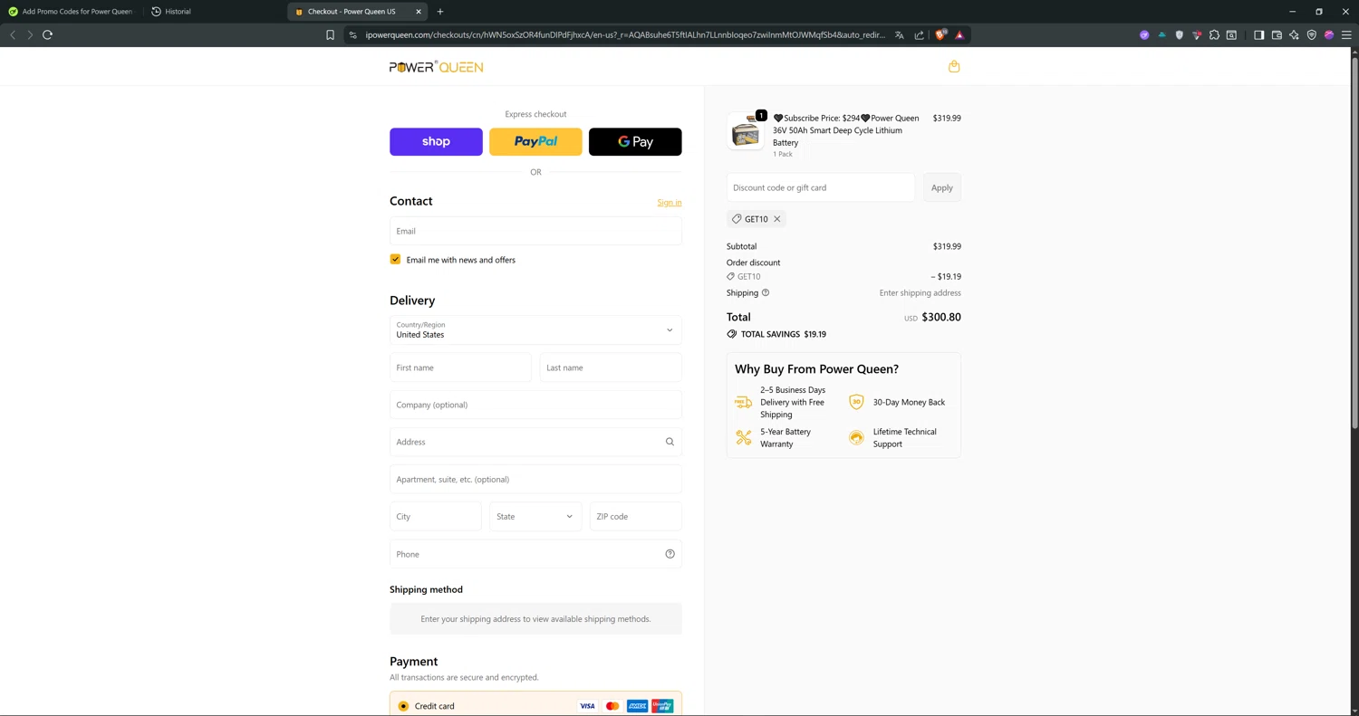 Power Queen discount code screenshot showing code get10 applied at Power Queen checkout page. Uploaded by SimplyCodes community member ValiantTiger4704 on Nov 28, 2025
