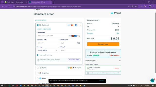 IPRoyal checkout page showing IPRoyal promo code box | Screenshot taken by SimplyCodes community member on Aug 23, 2025