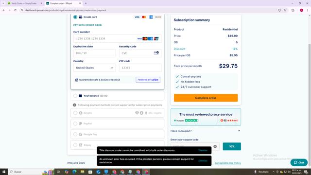 IPRoyal checkout page showing IPRoyal promo code box | Screenshot taken by SimplyCodes community member on Jan 23, 2025
