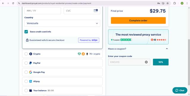 IPRoyal checkout page showing IPRoyal promo code box | Screenshot taken by SimplyCodes community member on Dec 22, 2024