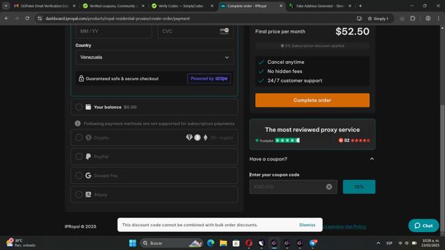 IPRoyal checkout page showing IPRoyal promo code box | Screenshot taken by SimplyCodes community member on Feb 23, 2025