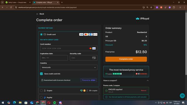 IPRoyal checkout page showing IPRoyal promo code box | Screenshot taken by SimplyCodes community member on Jul 9, 2025
