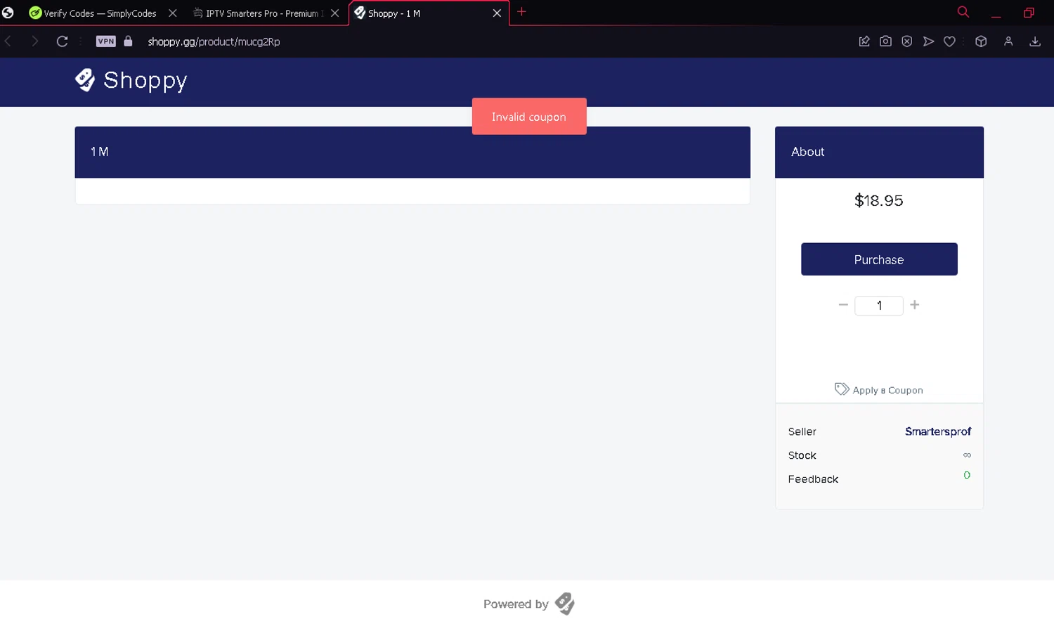 Smart IPTV Subscription promo code screenshot showing code BLACKFRIDAY applied at Smart IPTV Subscription checkout page. Uploaded by SimplyCodes community member CashCollector4109 on Mar 17, 2025