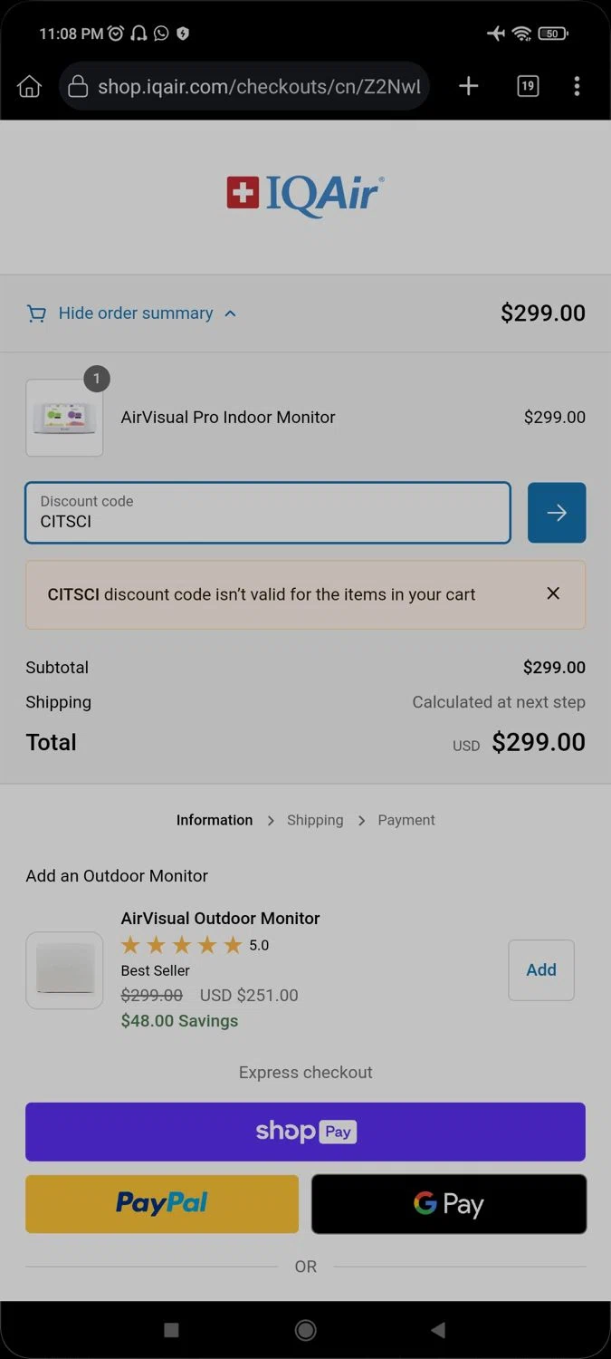 where to use IQAir promo code box