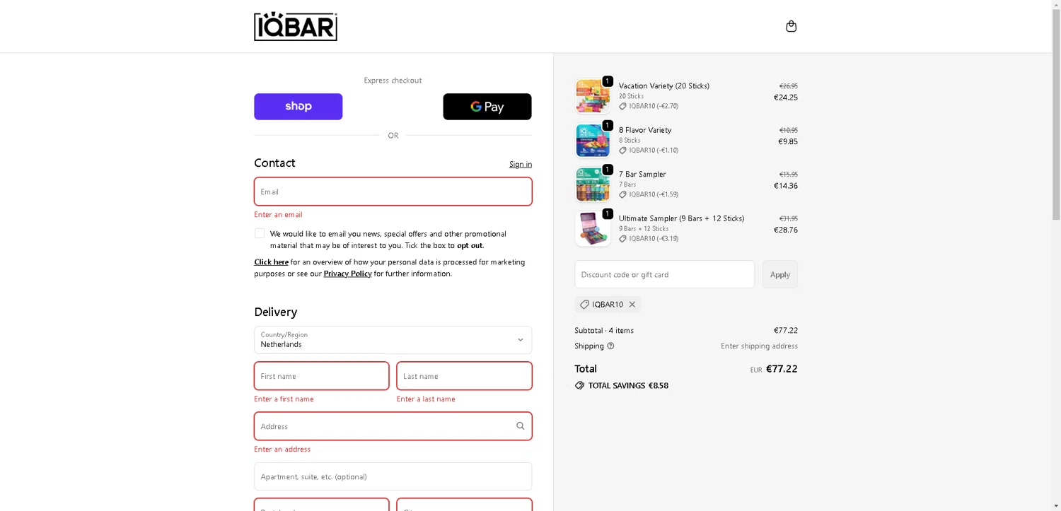 IQ BAR checkout page showing IQ BAR discount code box | Screenshot taken by SimplyCodes community member on Oct 28, 2025