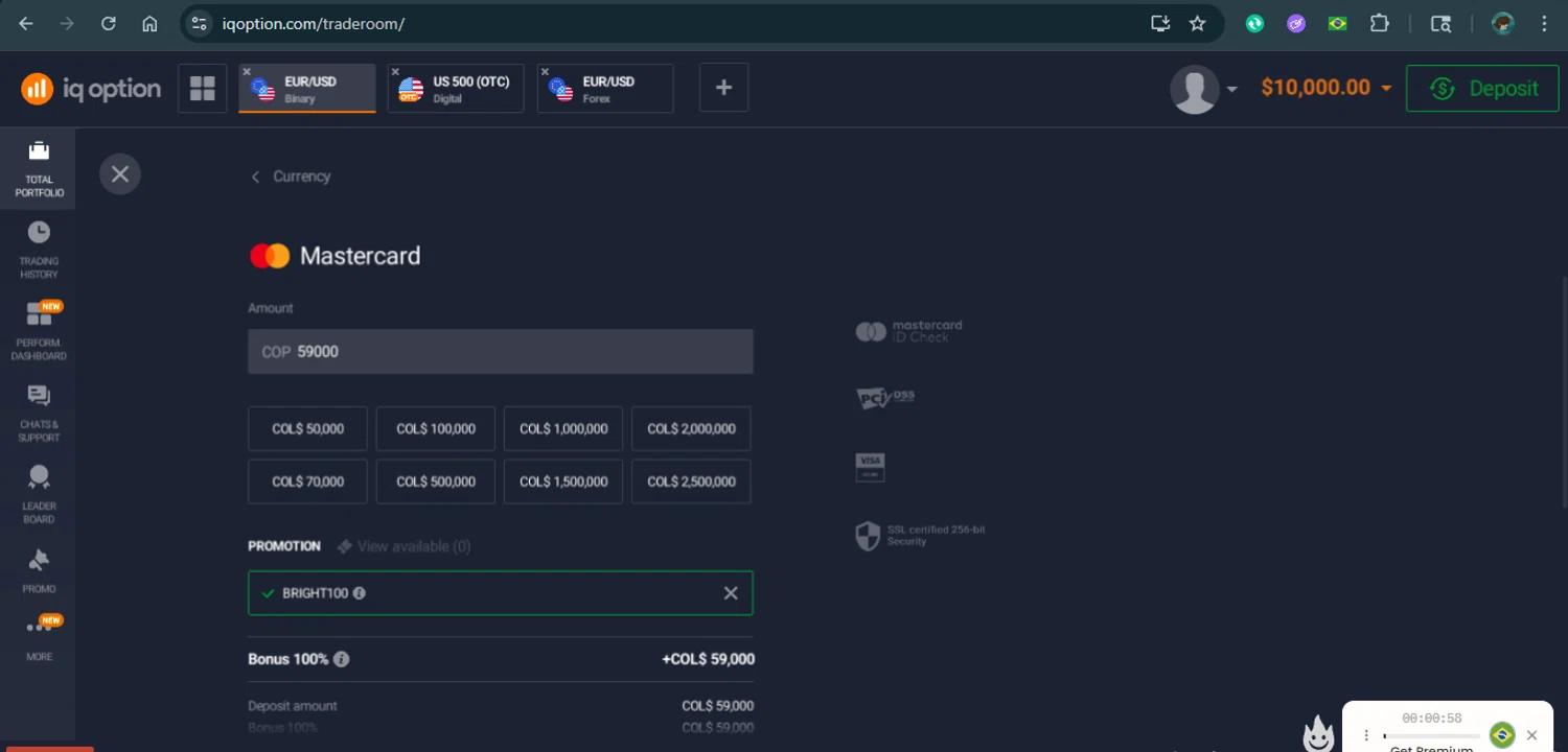IQ Option checkout page showing IQ Option promo code box | Screenshot taken by SimplyCodes community member on Oct 22, 2025