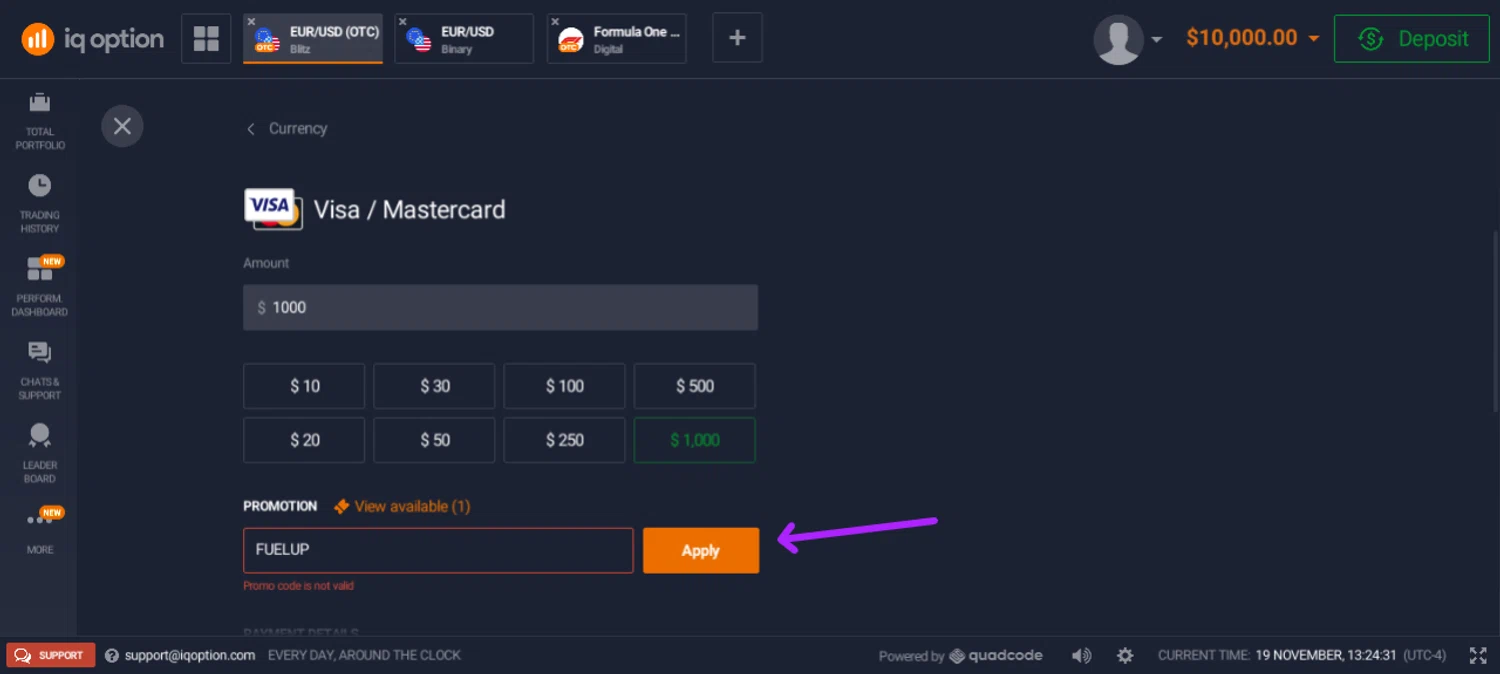 IQ Option promo code screenshot showing code FUELUP applied at IQ Option checkout page. Uploaded by SimplyCodes community member JesusCaballero on Nov 19, 2025