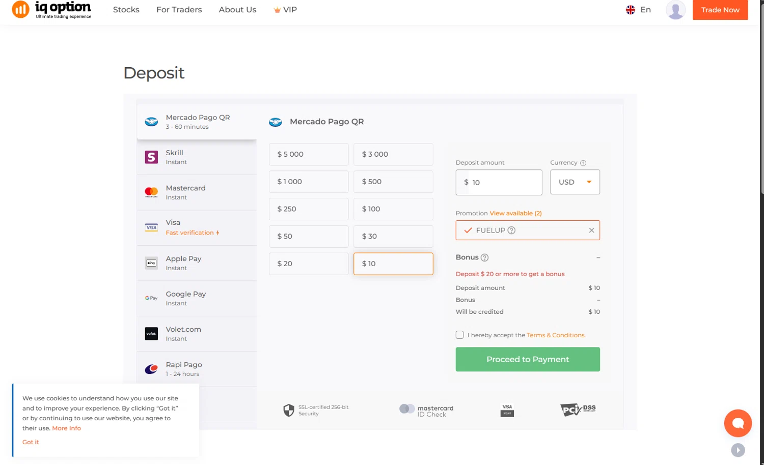 IQ Option promo code screenshot showing code FUELUP applied at IQ Option checkout page. Uploaded by SimplyCodes community member LuckyExpert7689 on Oct 24, 2025