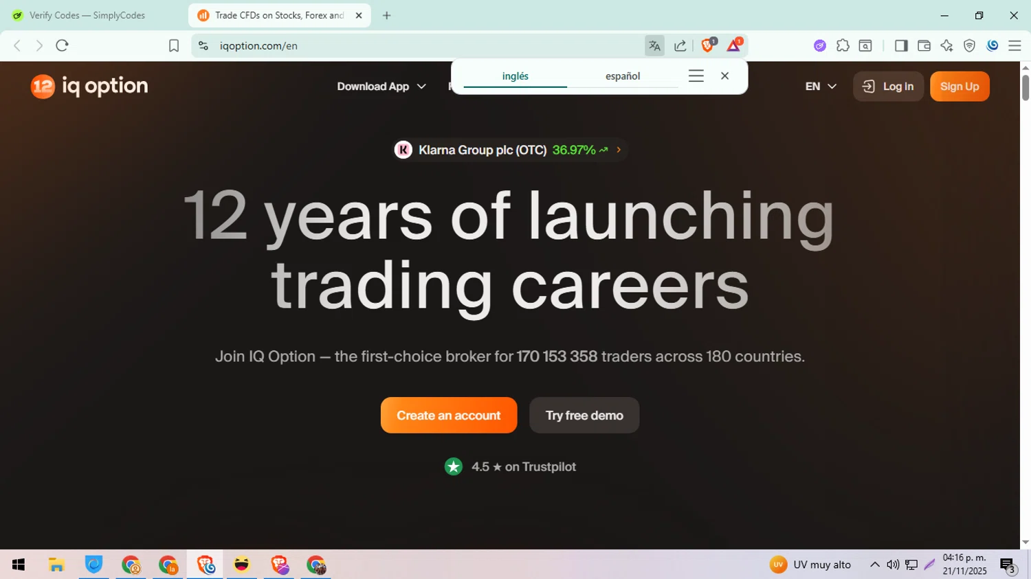 IQ Option promo code screenshot showing code RACE120 applied at IQ Option checkout page. Uploaded by SimplyCodes community member ExtraordinarySeeker8039 on Nov 21, 2025