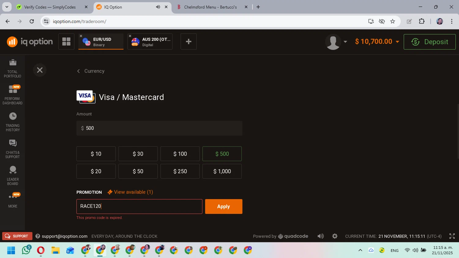 IQ Option promo code screenshot showing code RACE120 applied at IQ Option checkout page. Uploaded by SimplyCodes community member MarielisPb on Nov 21, 2025