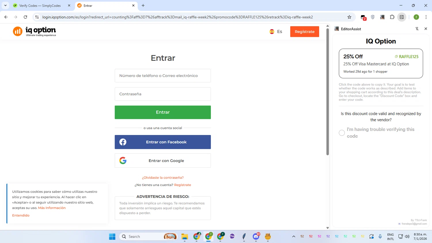 IQ Option checkout page showing IQ Option promo code box | Screenshot taken by SimplyCodes community member on Jan 7, 2026