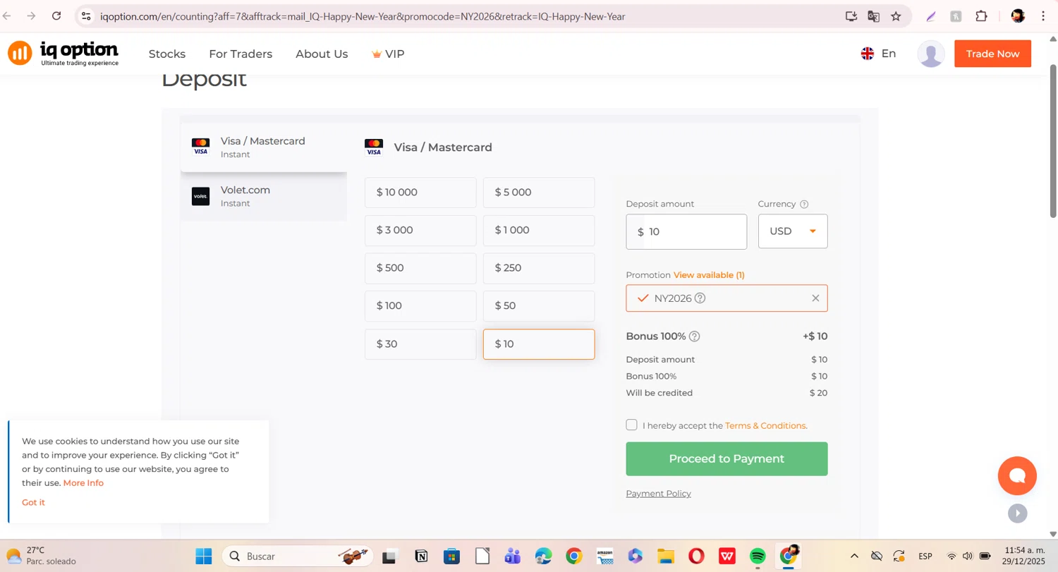IQ Option promo code screenshot showing code ny2026 applied at IQ Option checkout page. Uploaded by SimplyCodes community member ERI0810 on Dec 29, 2025