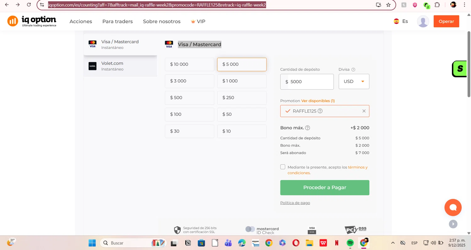 IQ Option promo code screenshot showing code RAFFLE125 applied at IQ Option checkout page. Uploaded by SimplyCodes community member ERI0810 on Dec 9, 2025