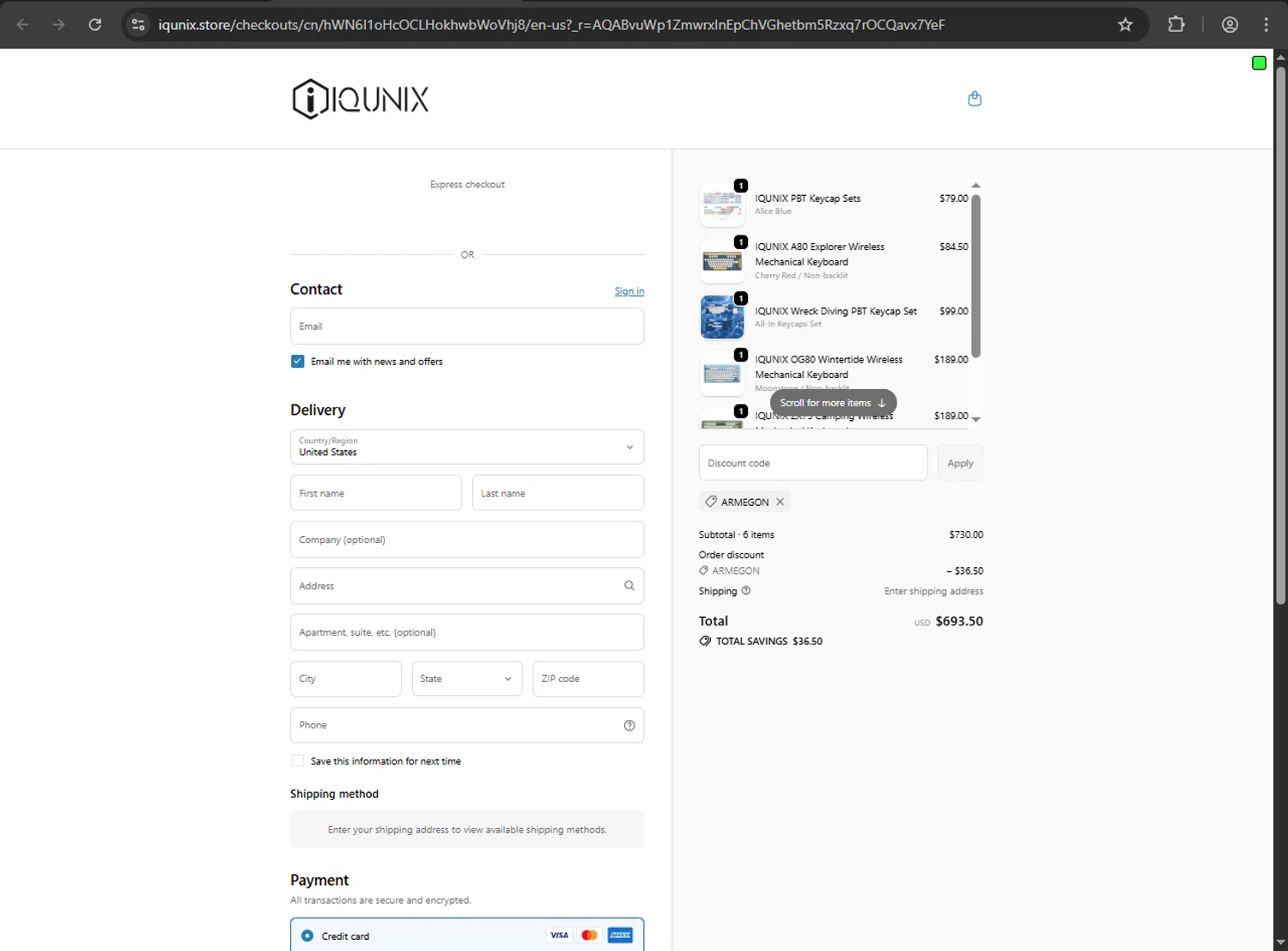 IQUNIX discount code screenshot showing code armegon applied at IQUNIX checkout page. Uploaded by SimplyCodes community member luffyreturn on Dec 11, 2025