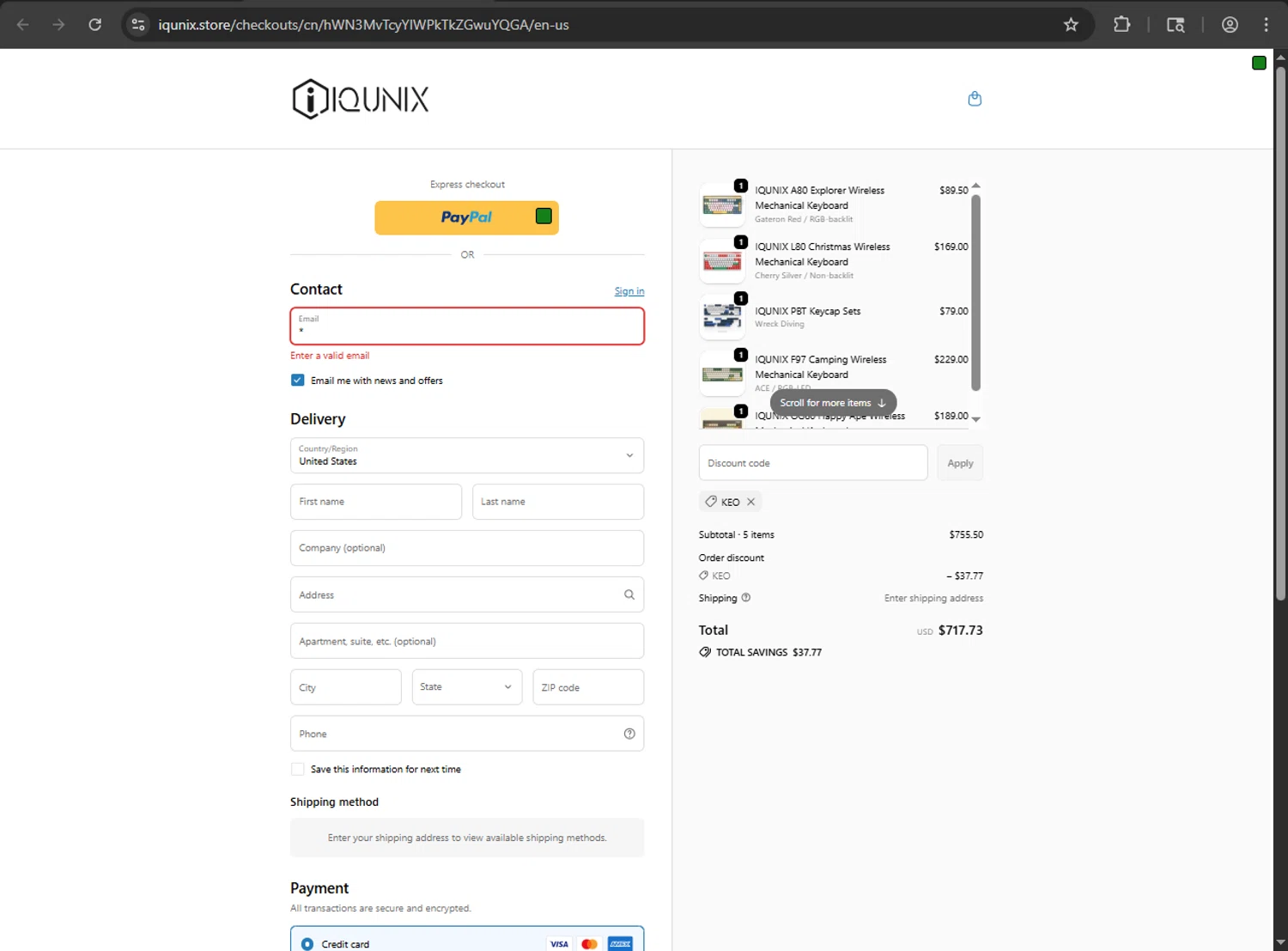 IQUNIX discount code screenshot showing code KEO applied at IQUNIX checkout page. Uploaded by SimplyCodes community member RayliMC on Sep 25, 2025