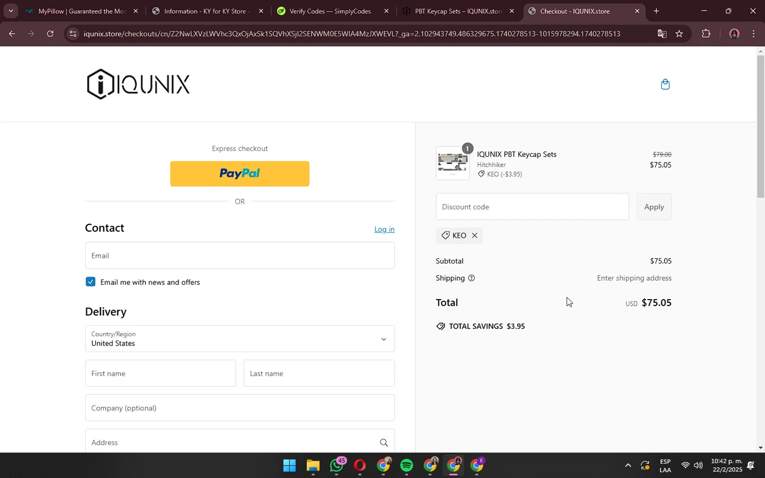 IQUNIX discount code screenshot showing code KEO applied at IQUNIX checkout page. Uploaded by SimplyCodes community member ShrewdPilot3521 on Feb 23, 2025