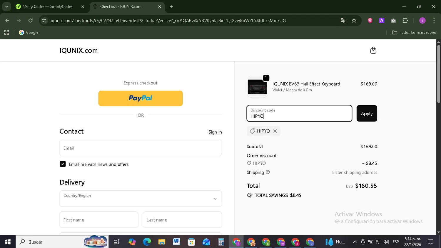 IQUNIX discount code screenshot showing code HIPYO applied at IQUNIX checkout page. Uploaded by SimplyCodes community member Tazbravo on Jan 22, 2026
