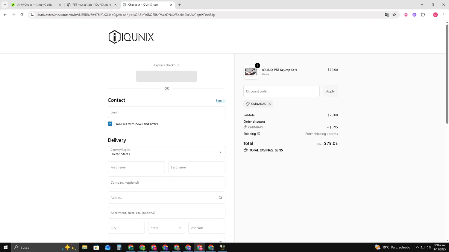 IQUNIX discount code screenshot showing code KATKARAS applied at IQUNIX checkout page. Uploaded by SimplyCodes community member CBR600 on Nov 9, 2025