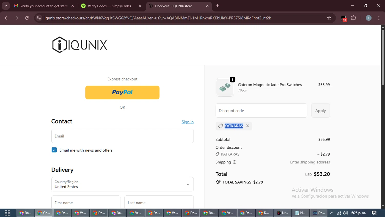 IQUNIX discount code screenshot showing code KATKARAS applied at IQUNIX checkout page. Uploaded by SimplyCodes community member MoneyTiger5162 on Dec 16, 2025
