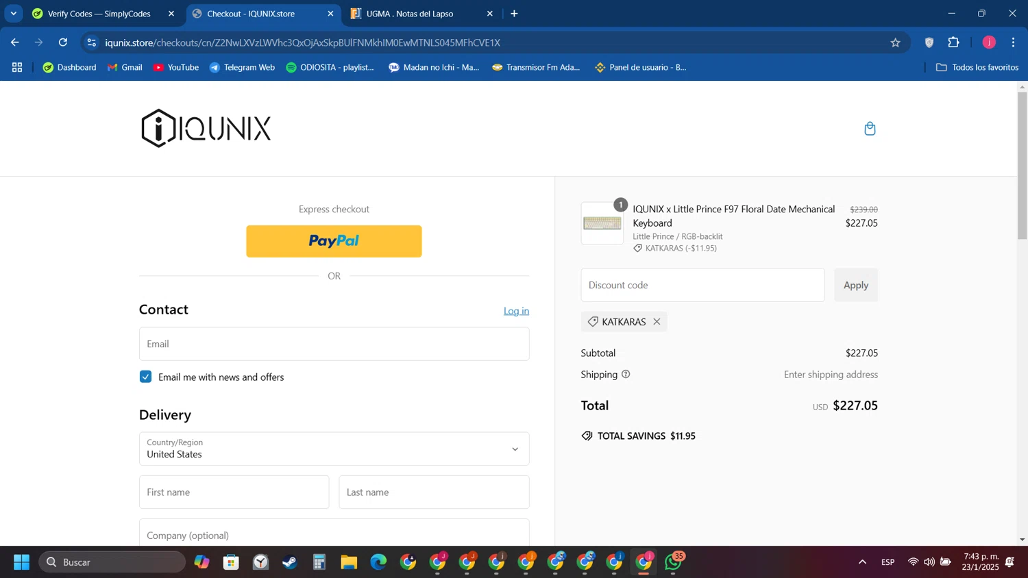 IQUNIX discount code screenshot showing code KATKARAS applied at IQUNIX checkout page. Uploaded by SimplyCodes community member Tryhard on Jan 23, 2025