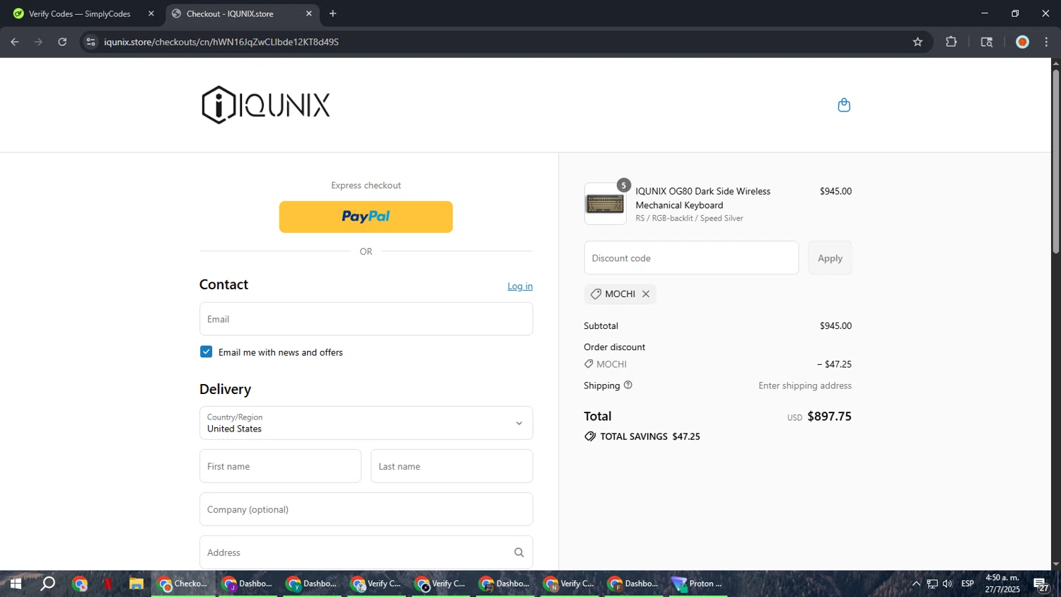 IQUNIX discount code screenshot showing code MOCHI applied at IQUNIX checkout page. Uploaded by SimplyCodes community member BonusCaptain9927 on Jul 27, 2025