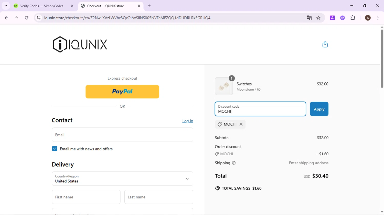 IQUNIX discount code screenshot showing code MOCHI applied at IQUNIX checkout page. Uploaded by SimplyCodes community member QuestPhoenix2794 on Jun 25, 2025