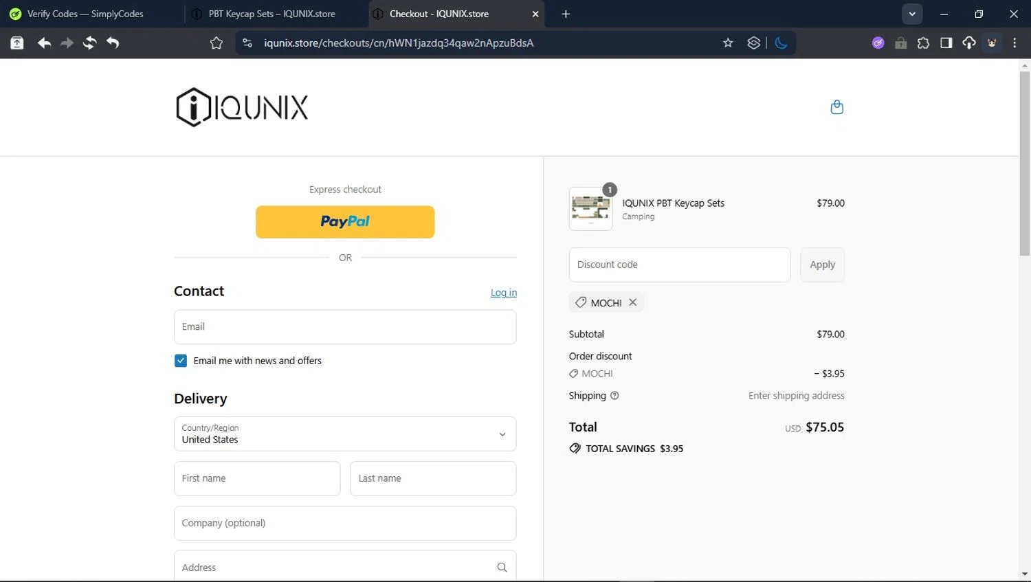 IQUNIX discount code screenshot showing code MOCHI applied at IQUNIX checkout page. Uploaded by SimplyCodes community member ValiantHunter5929 on Aug 13, 2025