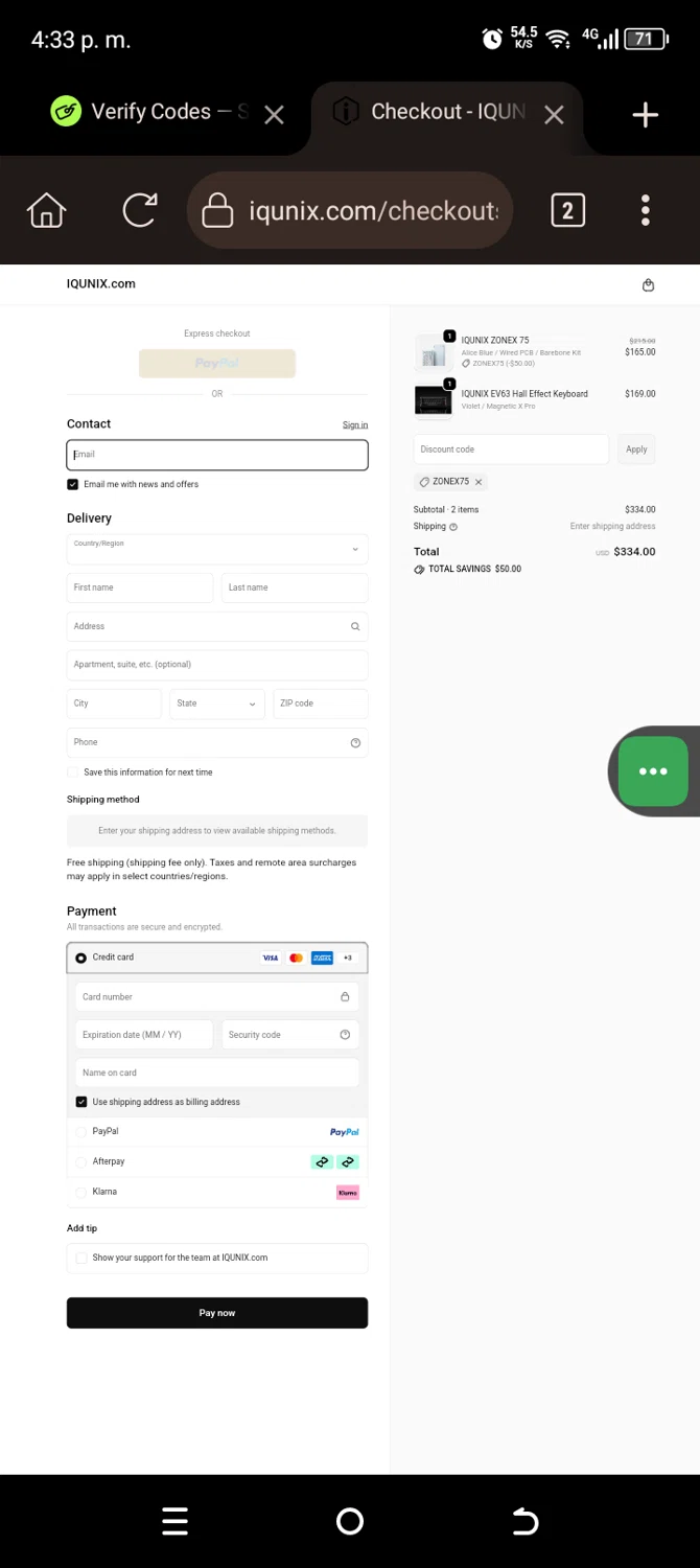 IQUNIX checkout page showing IQUNIX discount code box | Screenshot taken by SimplyCodes community member on Feb 13, 2026