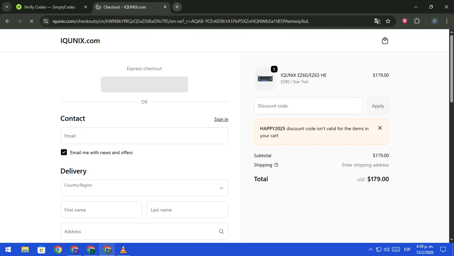 IQUNIX checkout page showing IQUNIX discount code box | Screenshot taken by SimplyCodes community member on Feb 13, 2026