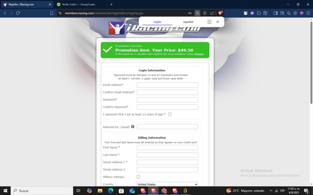 Iracing checkout page showing Iracing promo code box | Screenshot taken by SimplyCodes community member on Aug 8, 2025