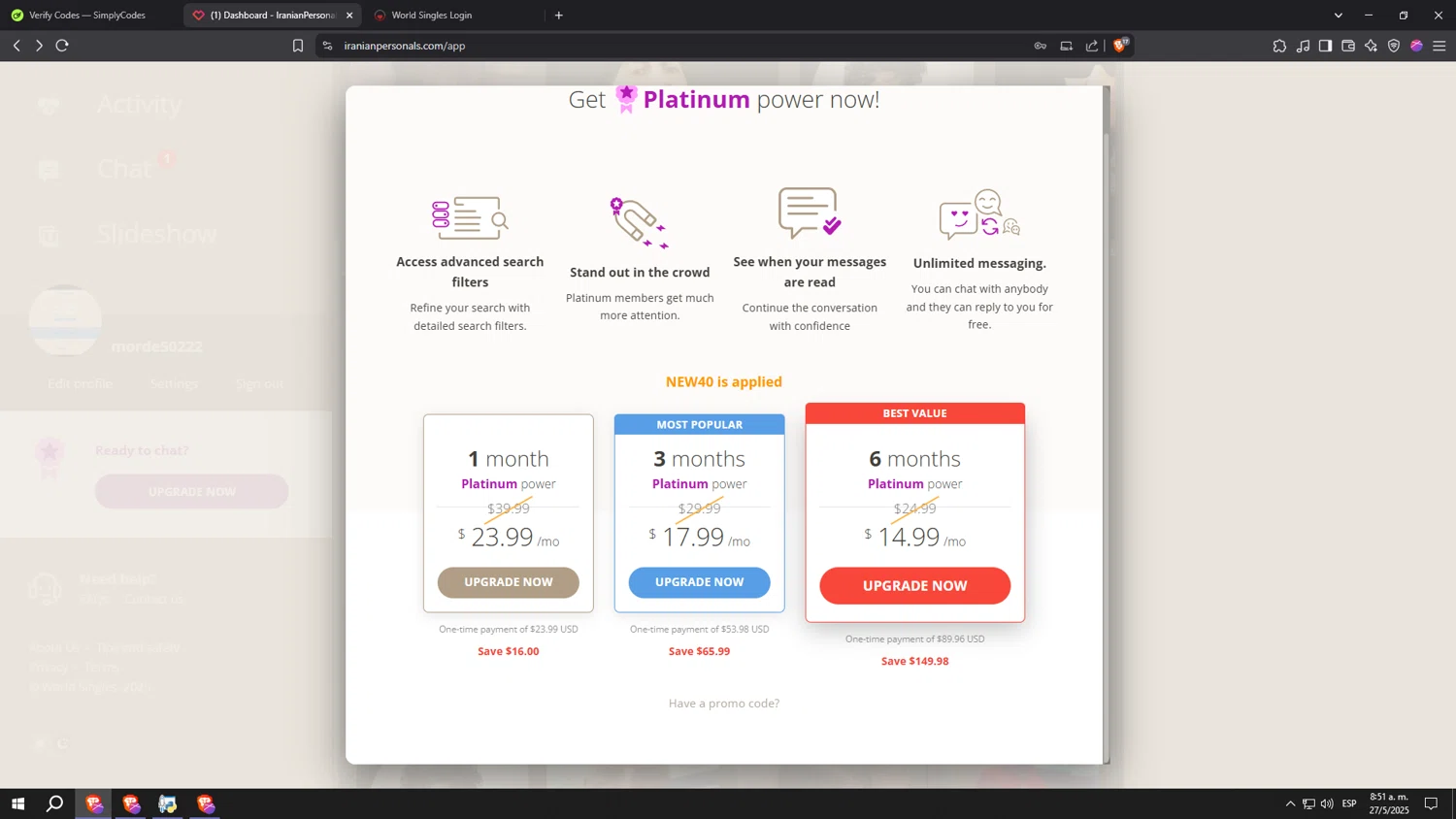 Iranian Personals promo code screenshot showing code NEW40 applied at Iranian Personals checkout page. Uploaded by SimplyCodes community member aaaaaaaaaaaaaaaaaaaaa on May 27, 2025