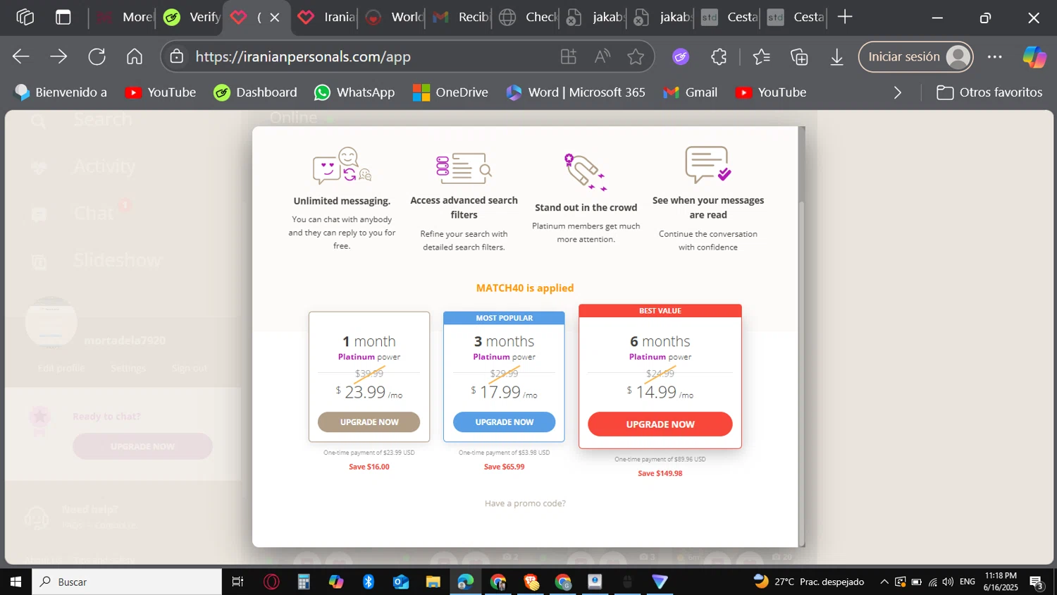 Iranian Personals promo code screenshot showing code MATCH40 applied at Iranian Personals checkout page. Uploaded by SimplyCodes community member Carbon132 on Jun 17, 2025