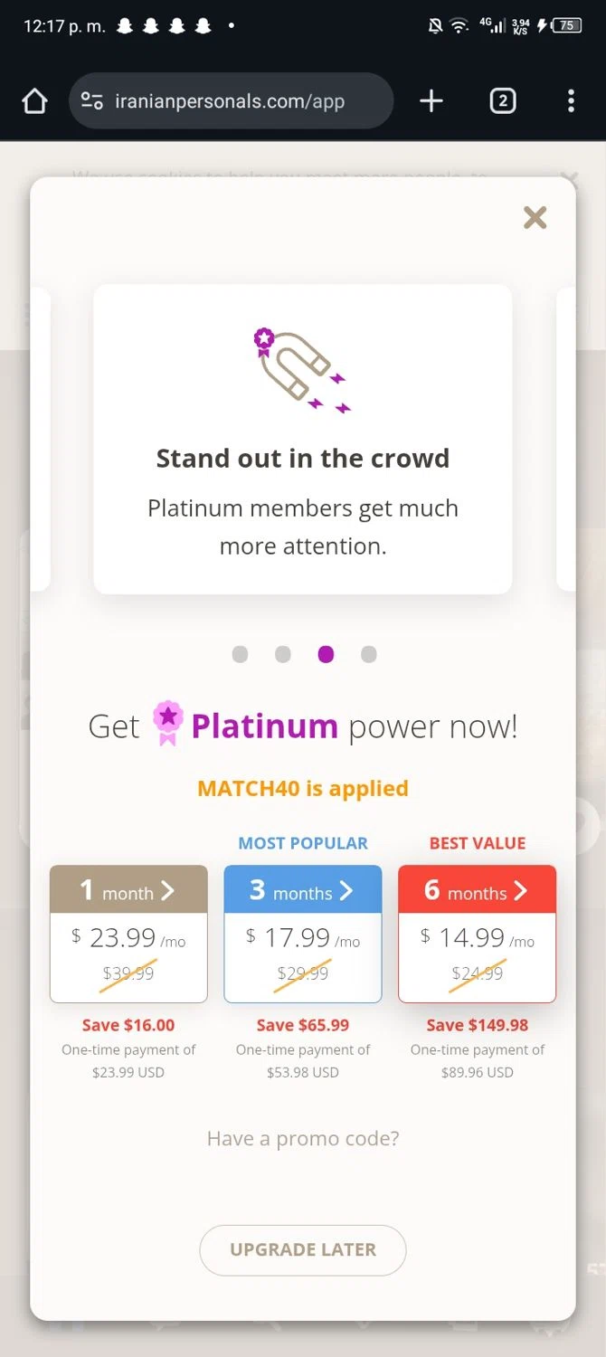 Iranian Personals checkout page showing Iranian Personals promo code box | Screenshot taken by SimplyCodes community member on Jan 3, 2026