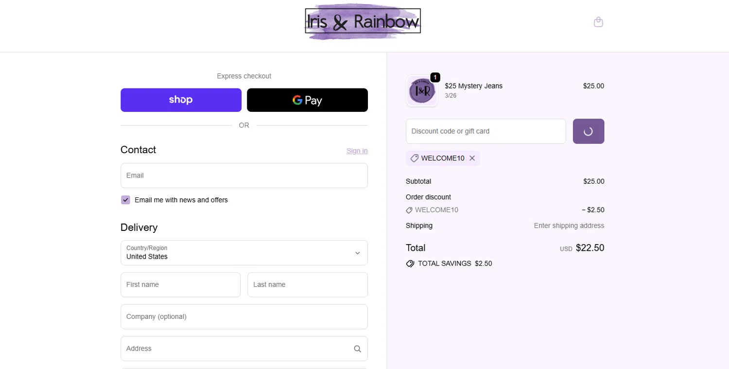 Iris & Rainbow promo code screenshot showing code welcome10 applied at Iris & Rainbow checkout page. Uploaded by SimplyCodes community member CouponMaestro5754 on Sep 24, 2025