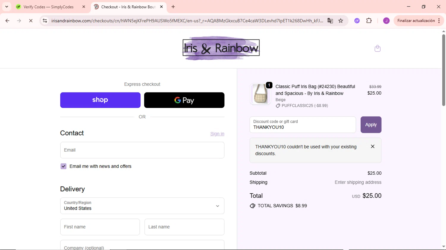 Iris & Rainbow promo code screenshot showing code THANKYOU10 applied at Iris & Rainbow checkout page. Uploaded by SimplyCodes community member NobleSaver3560 on Nov 24, 2025