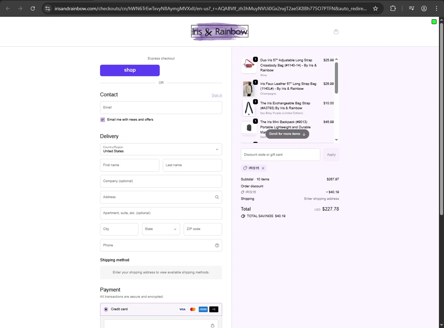 Iris & Rainbow promo code screenshot showing code IRIS15 applied at Iris & Rainbow checkout page. Uploaded by SimplyCodes community member QuestScholar1789 on Dec 16, 2025