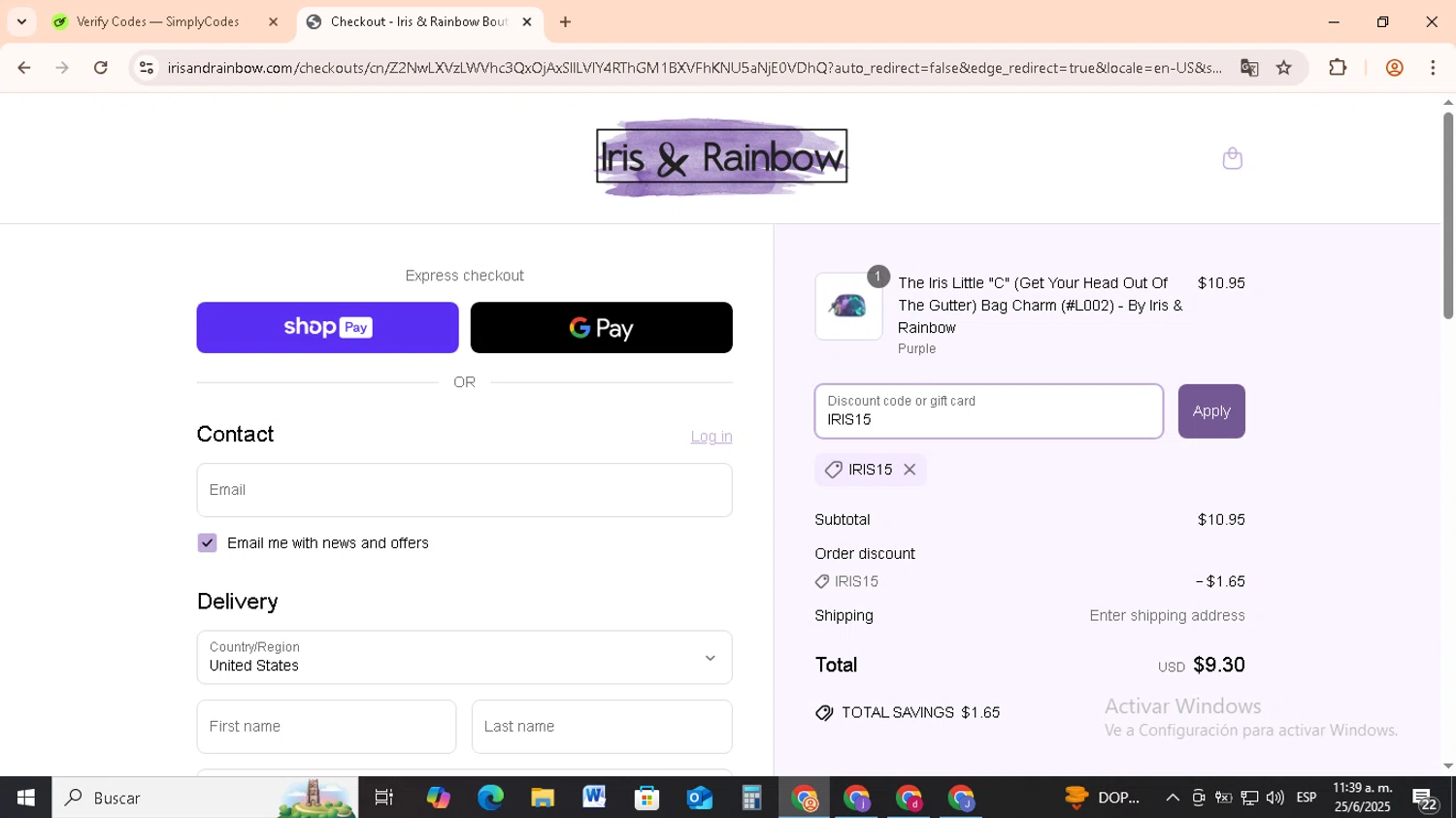 Iris & Rainbow promo code screenshot showing code IRIS15 applied at Iris & Rainbow checkout page. Uploaded by SimplyCodes community member RebateCollector5909 on Jun 25, 2025