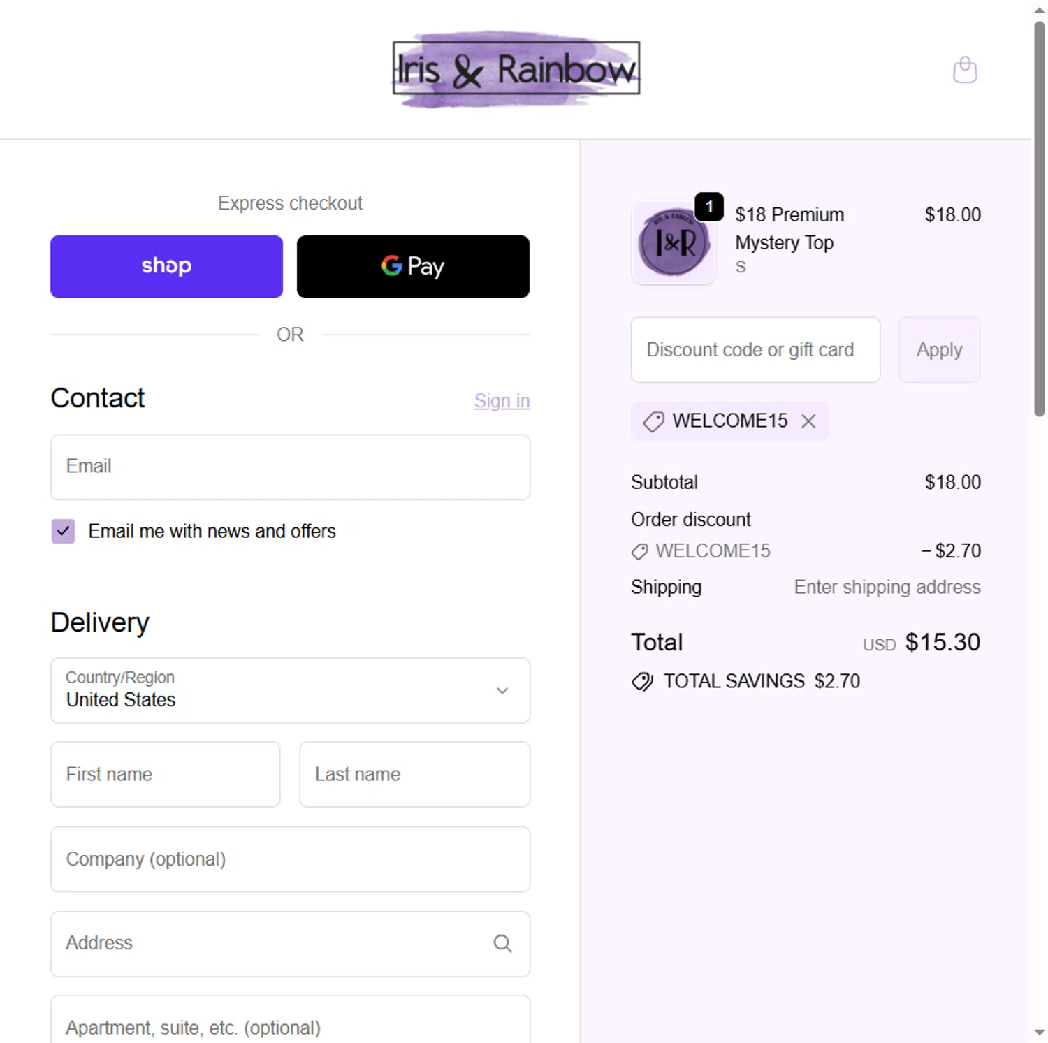 Iris & Rainbow promo code screenshot showing code welcome15 applied at Iris & Rainbow checkout page. Uploaded by SimplyCodes community member Sadalsuud on Nov 29, 2025