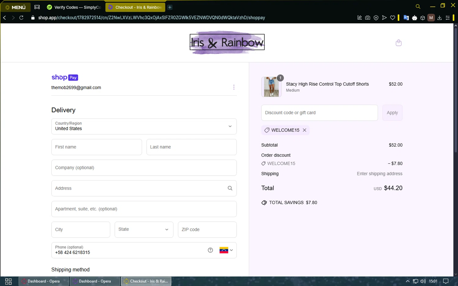 Iris & Rainbow promo code screenshot showing code welcome15 applied at Iris & Rainbow checkout page. Uploaded by SimplyCodes community member SavingsShopper829 on Apr 3, 2025