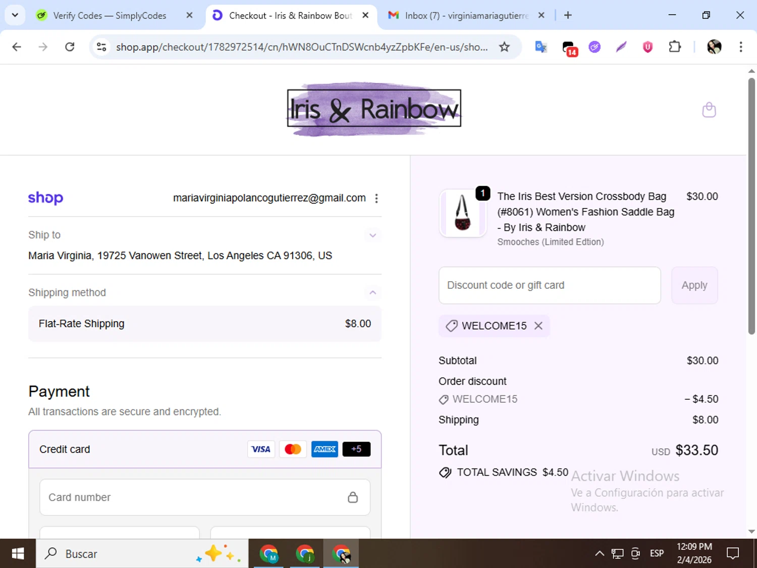 Iris & Rainbow checkout page showing Iris & Rainbow promo code box | Screenshot taken by SimplyCodes community member on Feb 4, 2026