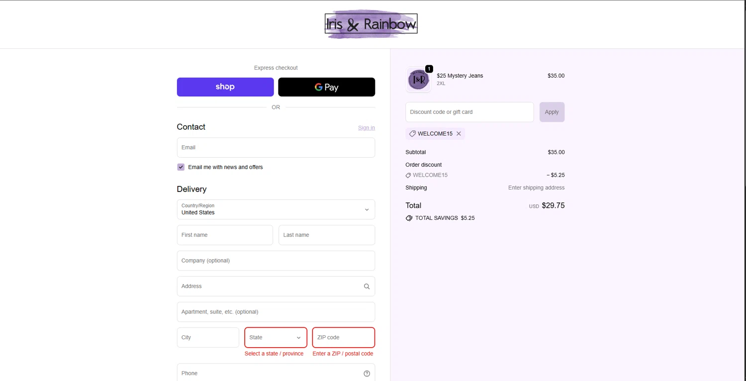 Iris & Rainbow promo code screenshot showing code welcome15 applied at Iris & Rainbow checkout page. Uploaded by SimplyCodes community member melano on Sep 24, 2025