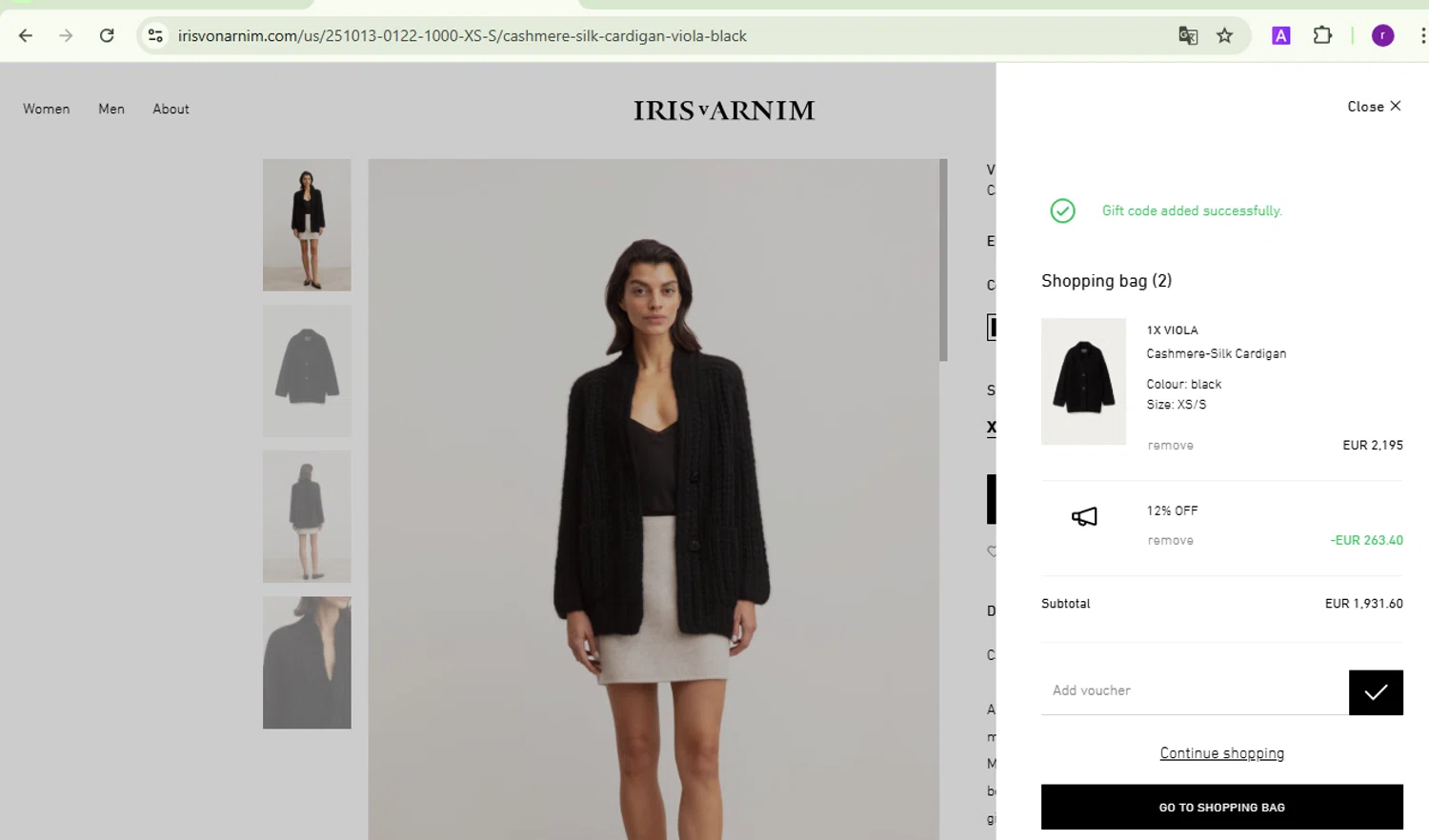 Iris Von Arnim checkout page showing Iris Von Arnim promo code box | Screenshot taken by SimplyCodes community member on Jan 25, 2025