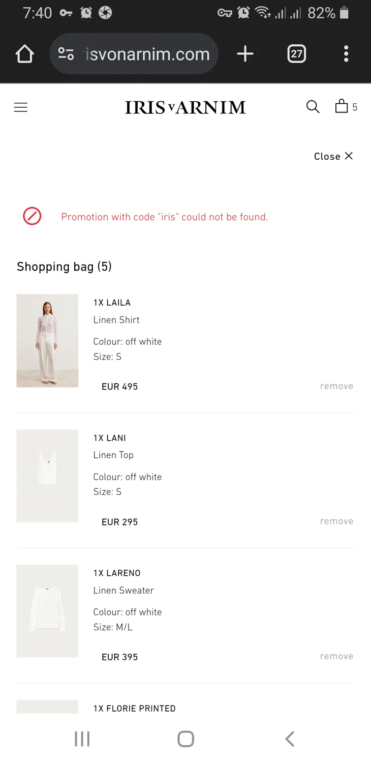 Iris Von Arnim promo code screenshot showing code iris applied at Iris Von Arnim checkout page. Uploaded by SimplyCodes community member TreasureLynx6841 on Feb 23, 2025