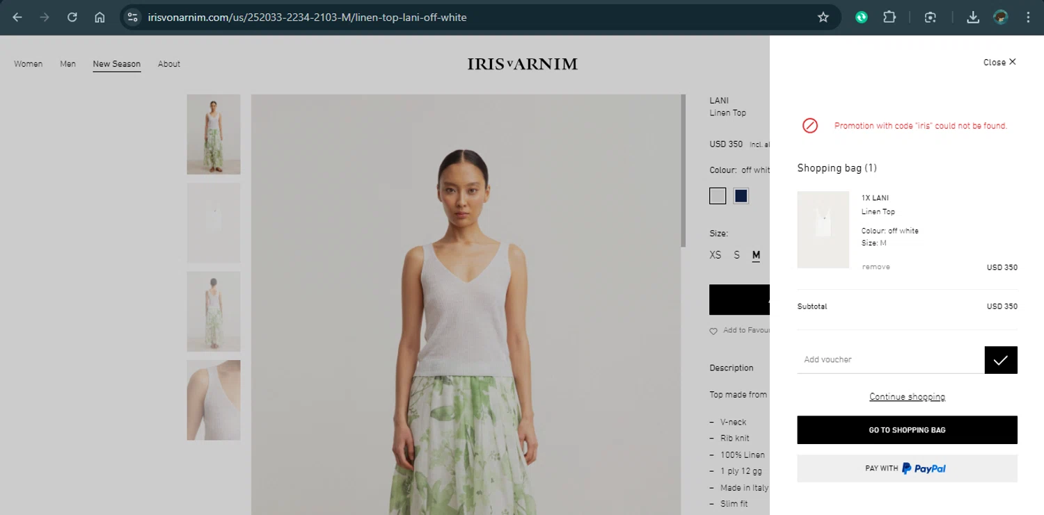 Iris Von Arnim promo code screenshot showing code iris applied at Iris Von Arnim checkout page. Uploaded by SimplyCodes community member xAngel on Feb 23, 2025