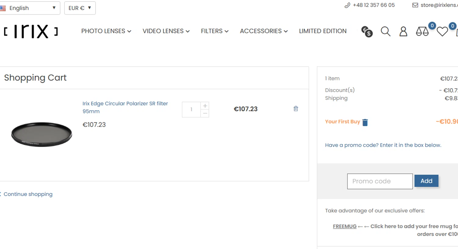 Irix Lens promo code screenshot showing code FIRST applied at Irix Lens checkout page. Uploaded by SimplyCodes community member Dejadepicharme on Jun 24, 2025